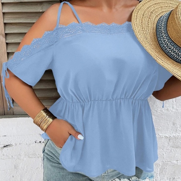 Plus Cold Shoulder Lace Blouse Navy Blue - Picture 8 of 14